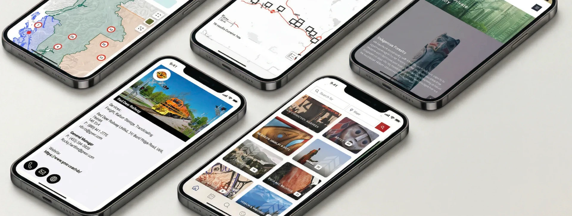 Three phones displaying the directory app