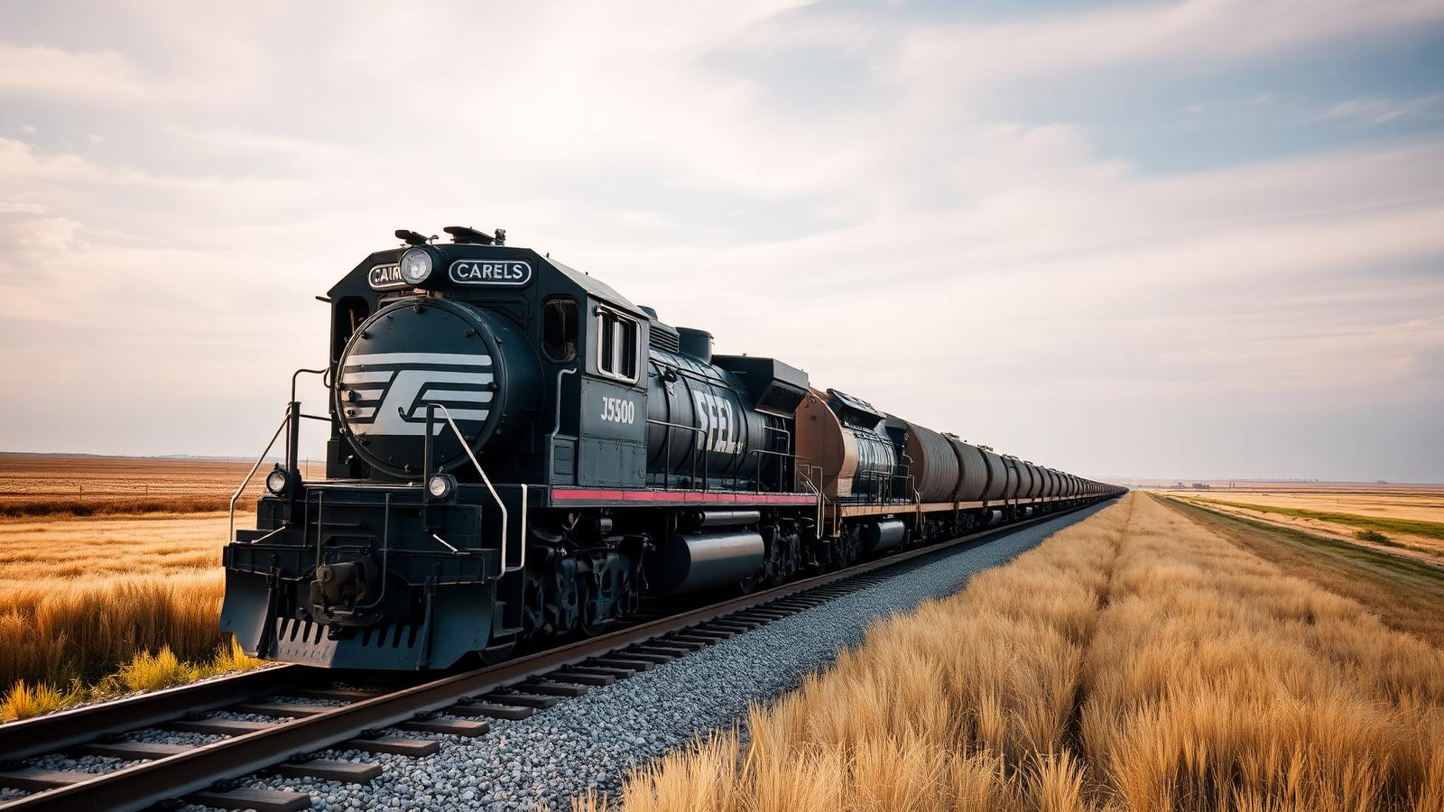 Black freight locomotive on prairie railway